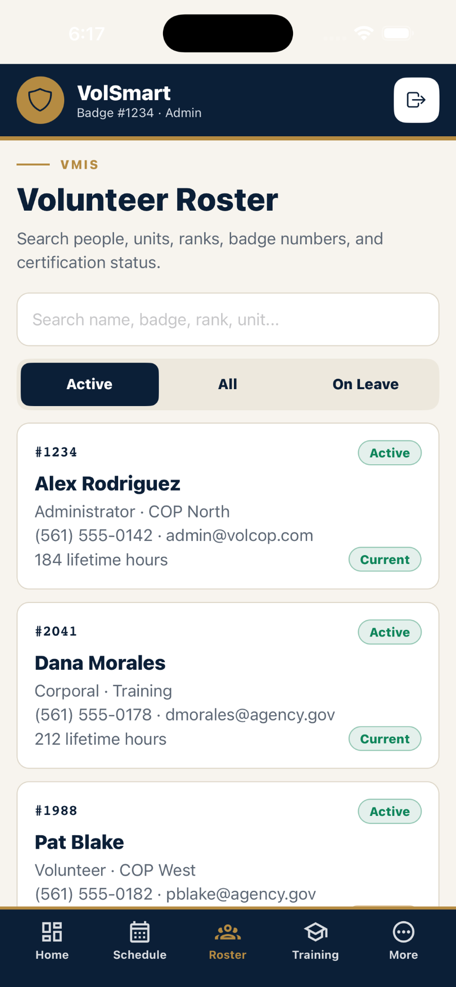 VolSmart Mobile — Volunteer Roster