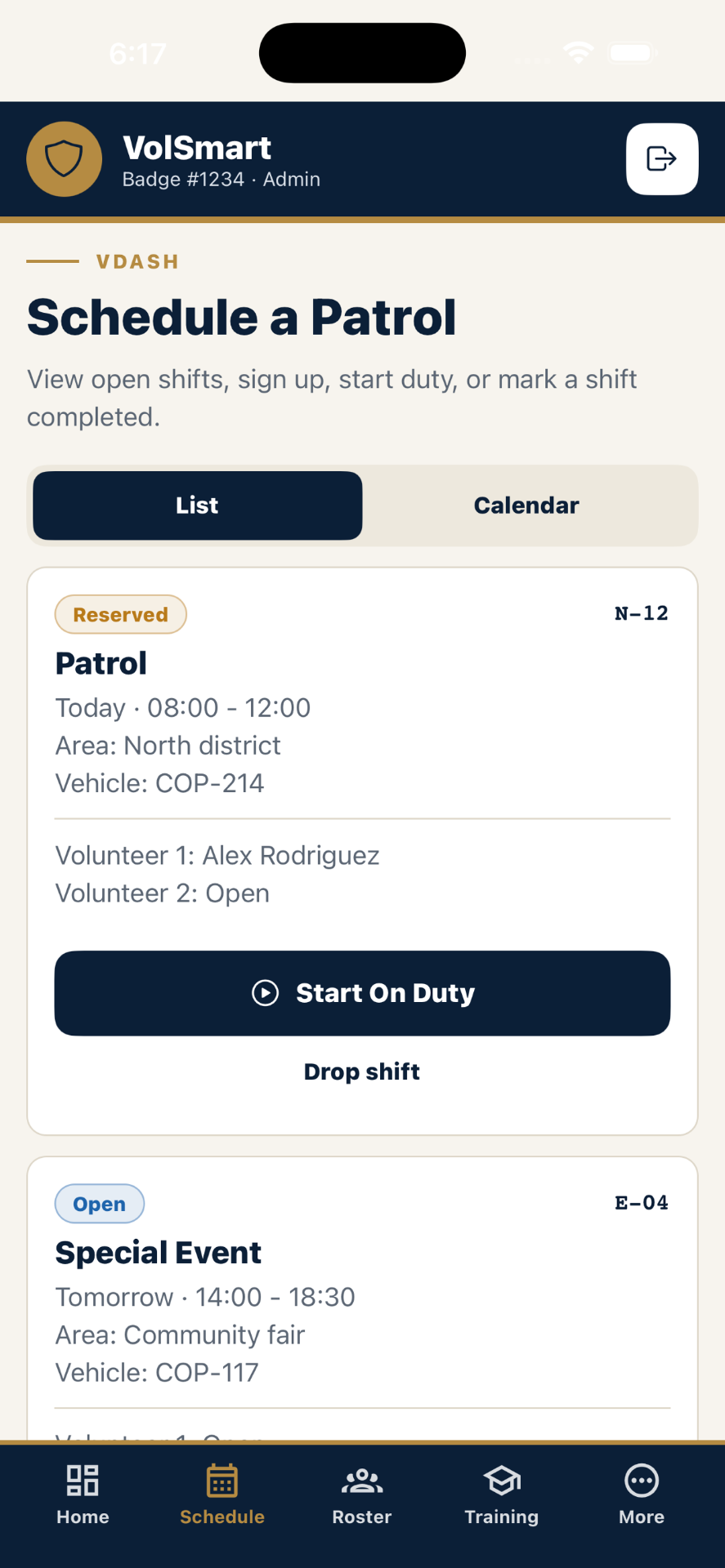 VolSmart Mobile — Patrol Schedule